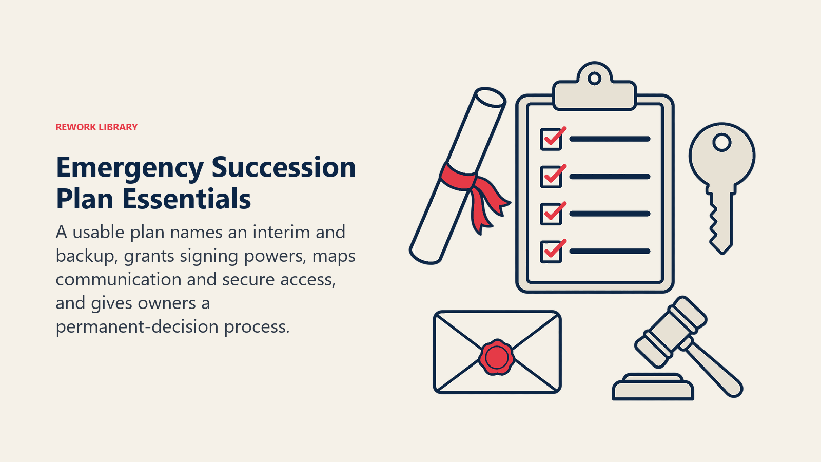 Emergency succession checklist with baton, authorized key, contact envelope, and board gavel.