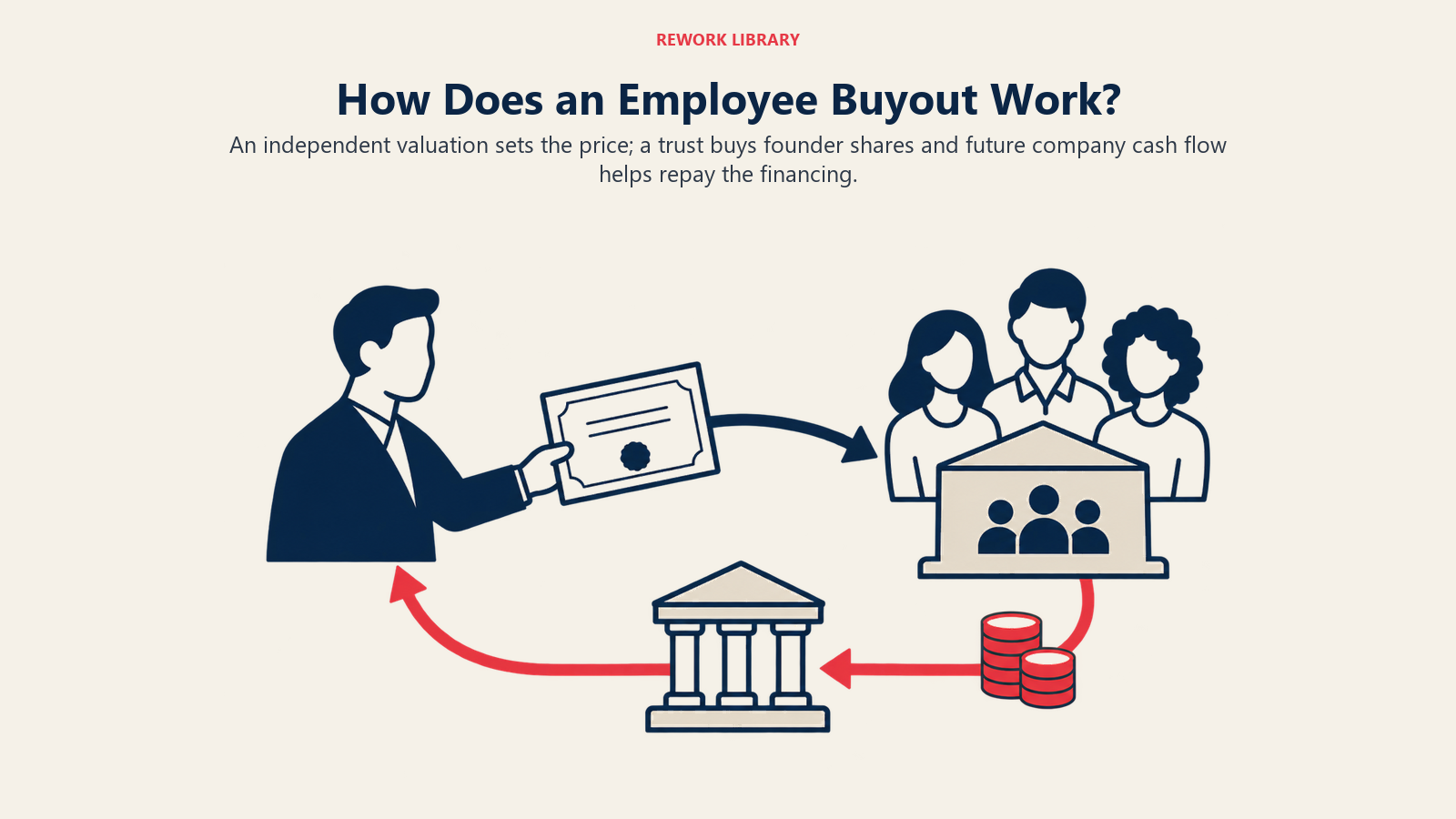How Does an Employee Buyout Work shown through shares pass into trust, cash returns over time.