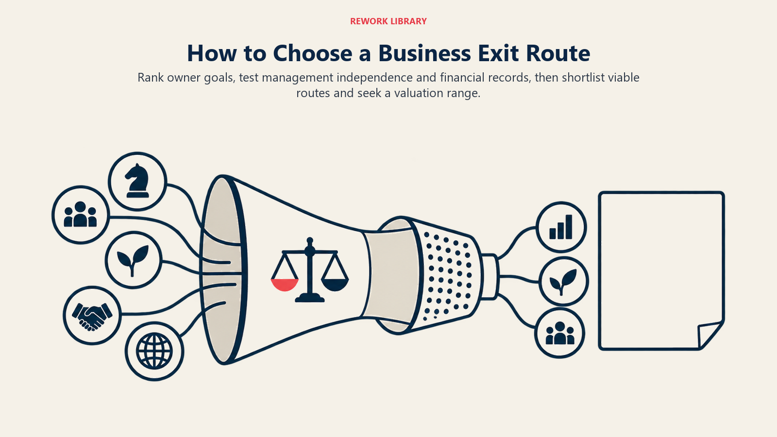 How to Choose a Business Exit Route shown through funnel of exit-route cards.