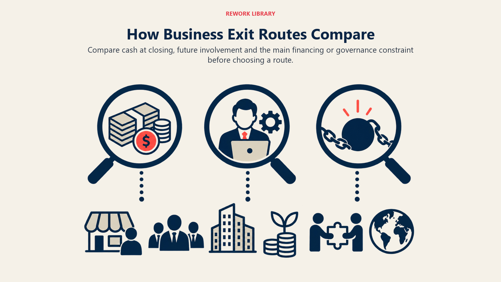 How Business Exit Routes Compare shown through three measuring rails beneath route tokens.