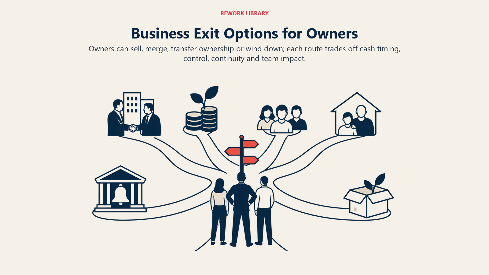 Business Exit Options for Owners shown through company at multiple exit paths.