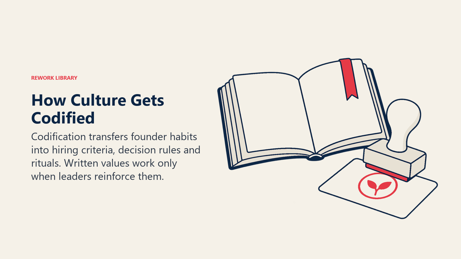 Culture codification shown as written principles reinforced by an active hiring and decision stamp