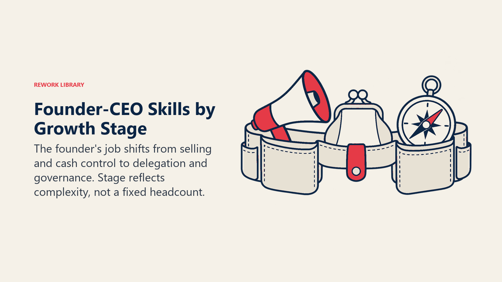 Founder-CEO skills by stage illustrated with tools for selling, cash control and governance