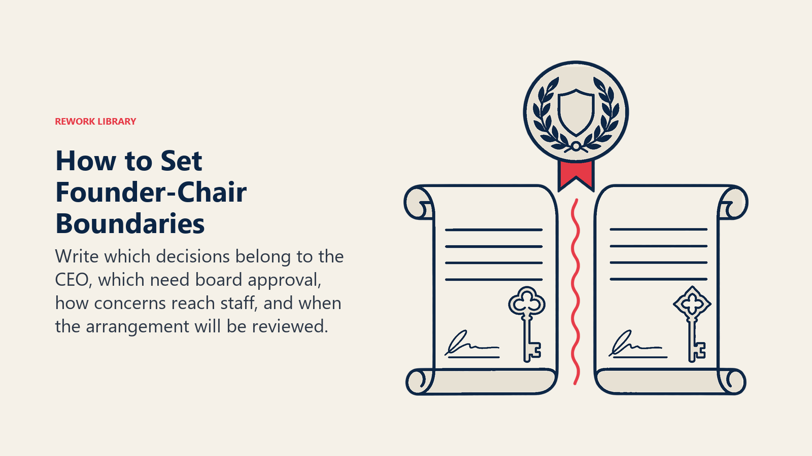 How to Set Founder-Chair Boundaries illustrated with parallel charters: Write which decisions belong to the CEO, which need board approval, how concerns reach staff, and when the arrangement will be reviewed.