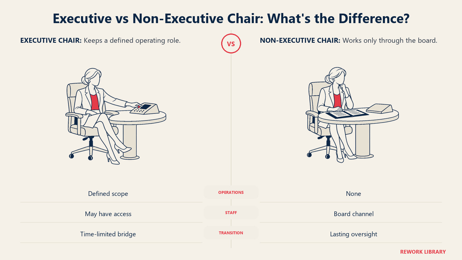 Executive vs Non-Executive Chair: What's the Difference? illustrated with chair and console: An executive chair retains a defined operating role; a non-executive chair works through the board and does not direct staff day to day.