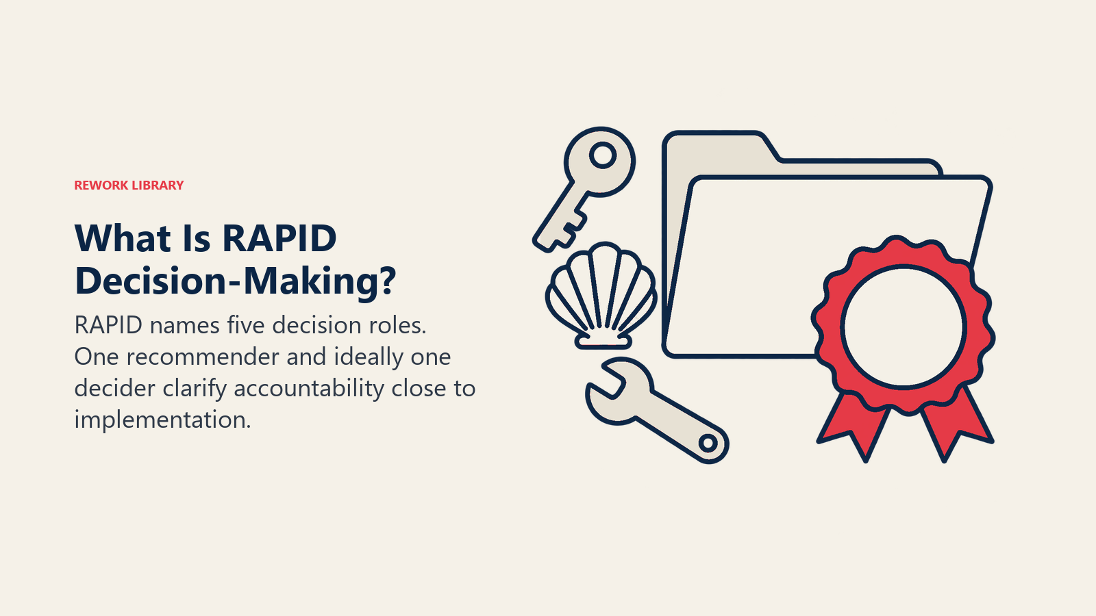 RAPID decision roles illustrated by one decision seal supported by recommendation, feasibility, input and execution tools