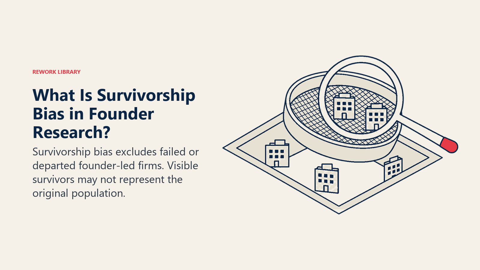 What Is Survivorship Bias in Founder Research: survivor sieve illustrating failed firms and departed founders disappear from visible founder-led sample