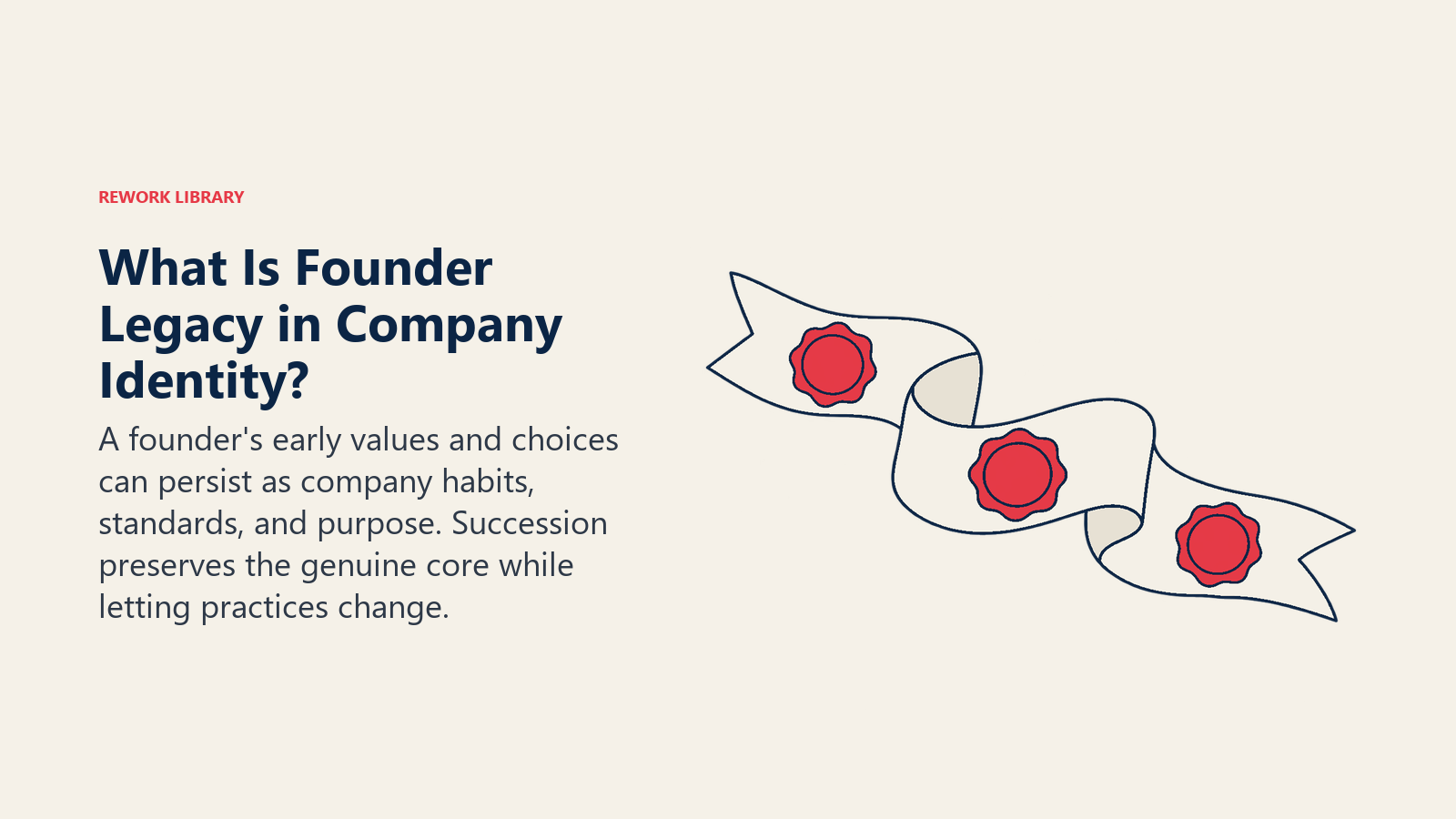 What Is Founder Legacy in Company Identity? illustrated with stamp and ribbon: A founder's early values and choices can persist as company habits, standards, and purpose. Succession preserves the genuine core while letting practices change.