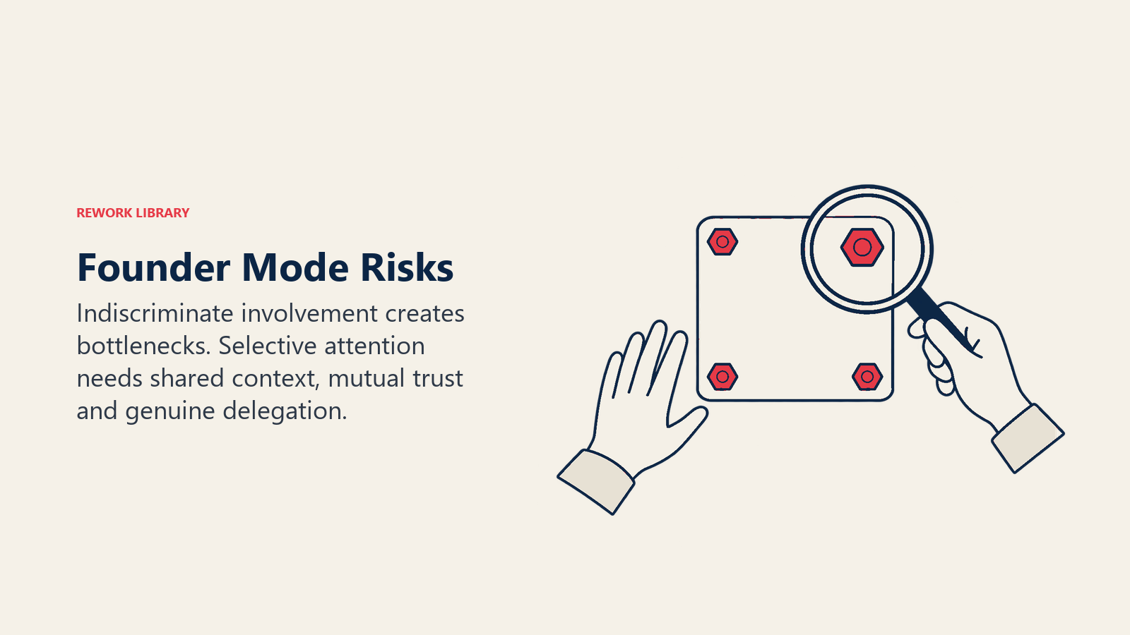Founder mode risks illustrated by a lens focused on one detail while other work remains delegated