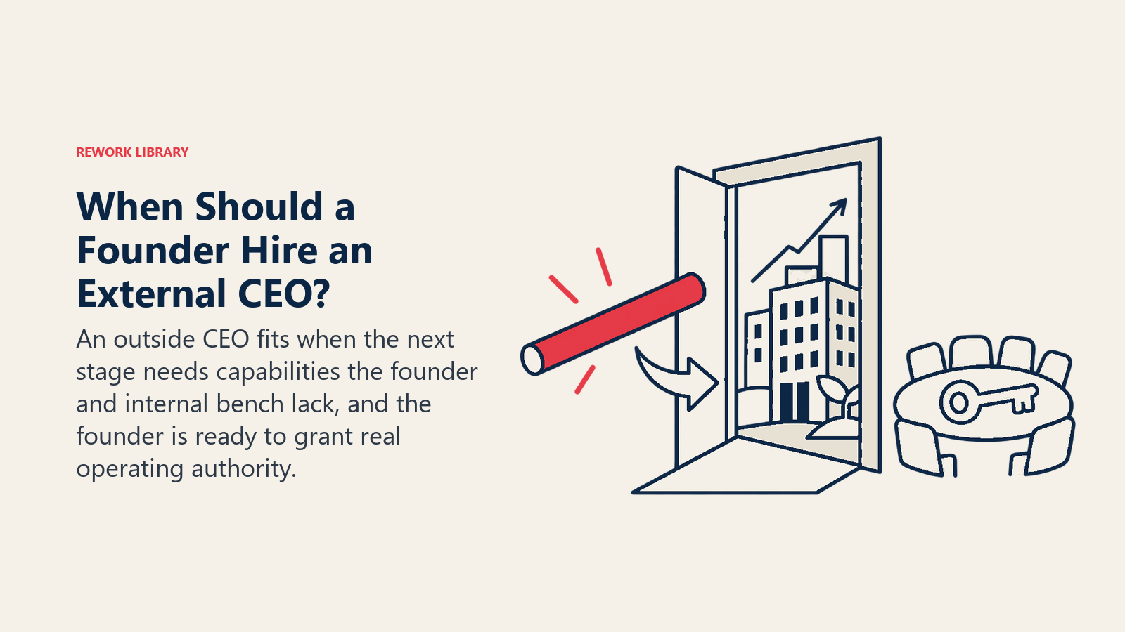 ¿Cuándo debe un fundador contratar a un CEO externo?, ilustrado con un testigo de relevos y un umbral: un CEO externo encaja cuando la siguiente etapa exige capacidades que el fundador y el equipo interno no tienen, y el fundador está dispuesto a conceder autoridad operativa real.