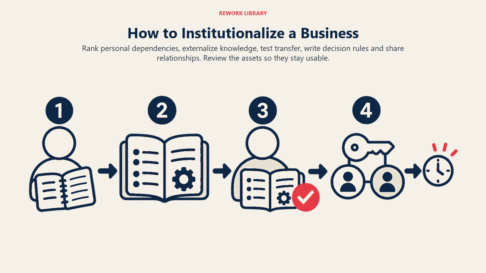 How to Institutionalize a Business illustrated by a spacious horizontal transfer sequence: personal notebook opens into shared runbook, a second empty role badge uses the runbook with a check mark, and a decision key beside paired contact tokens leads into a small review clock