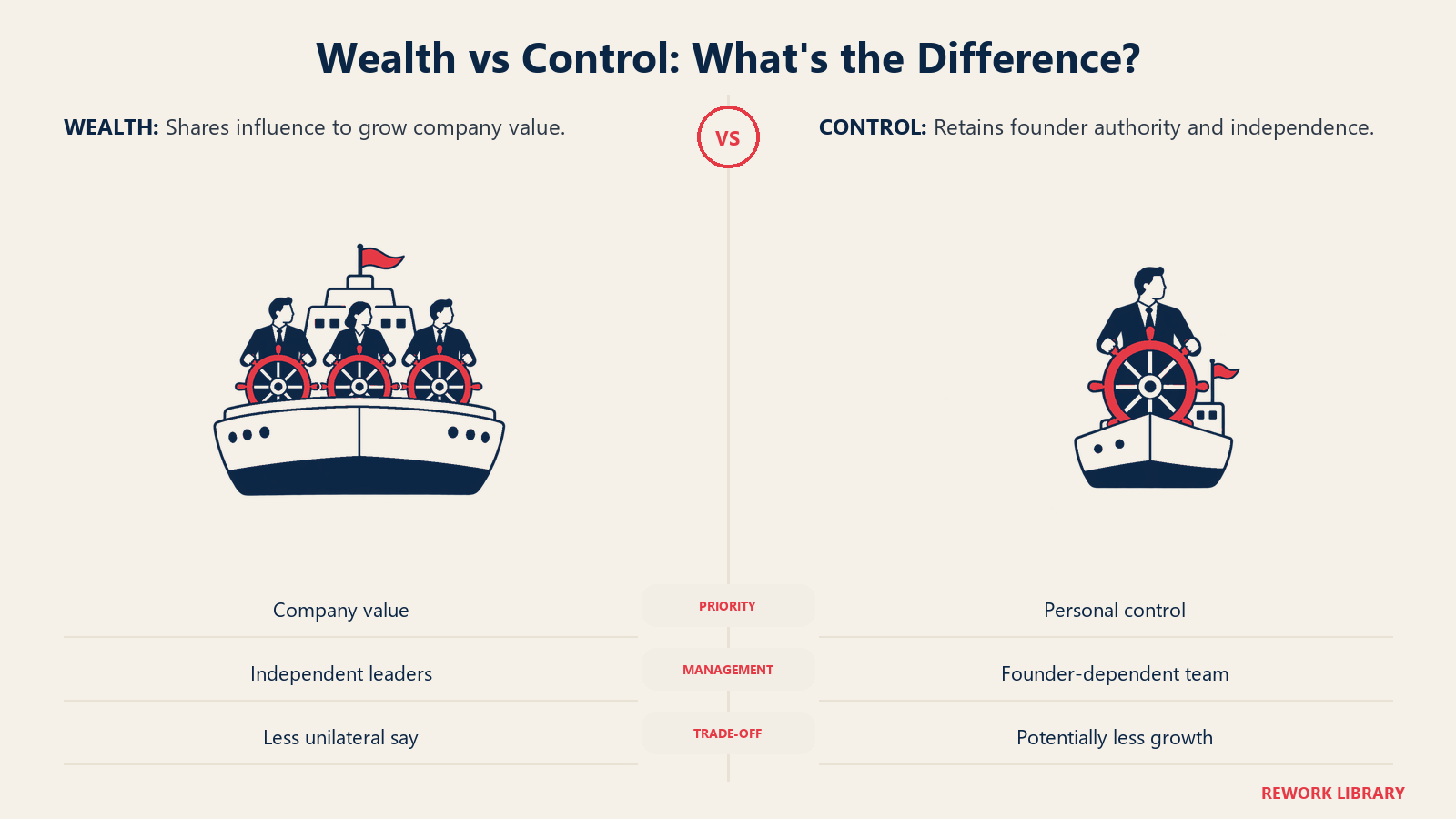 Wealth vs Control: What's the Difference illustrated by two matched symbolic steering arrangements, separated by a generous transparent center gutter