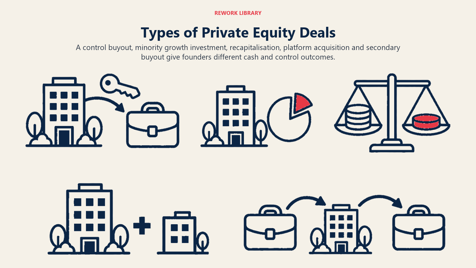 Types of Private Equity Deals shown through five distinct share-transfer artifacts.