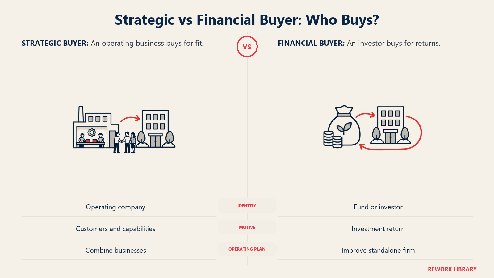 Strategic vs Financial Buyer: Who Buys shown through paired operating company and investor.