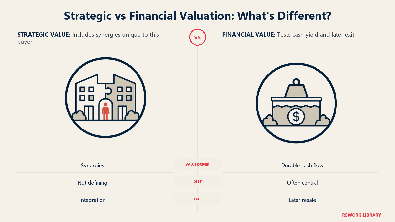 Strategic vs Financial Valuation: What's Different shown through matched valuation lenses.