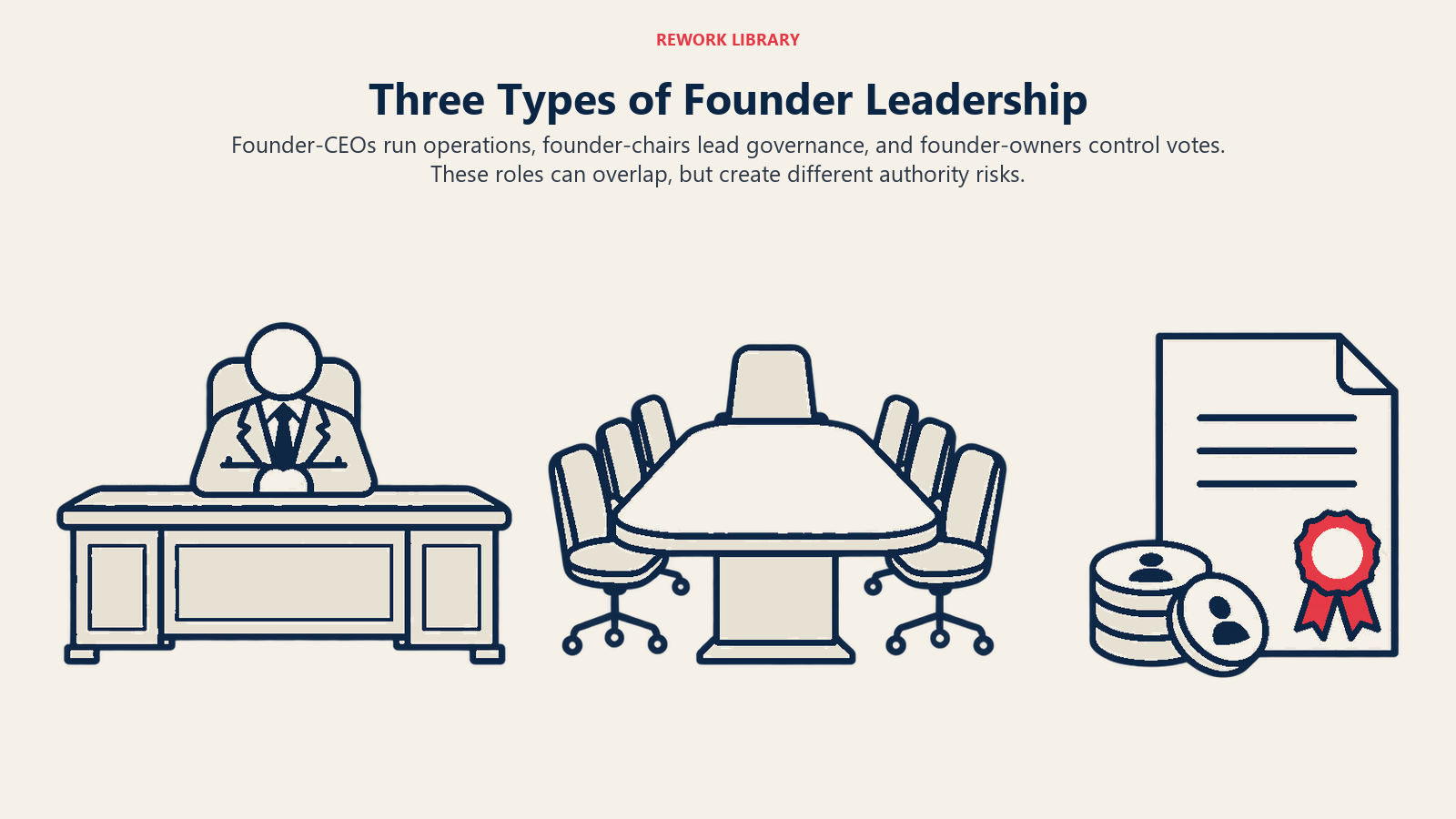 Three Types of Founder Leadership: three authority seats illustrating ceo, board chair and controlling owner are different powers