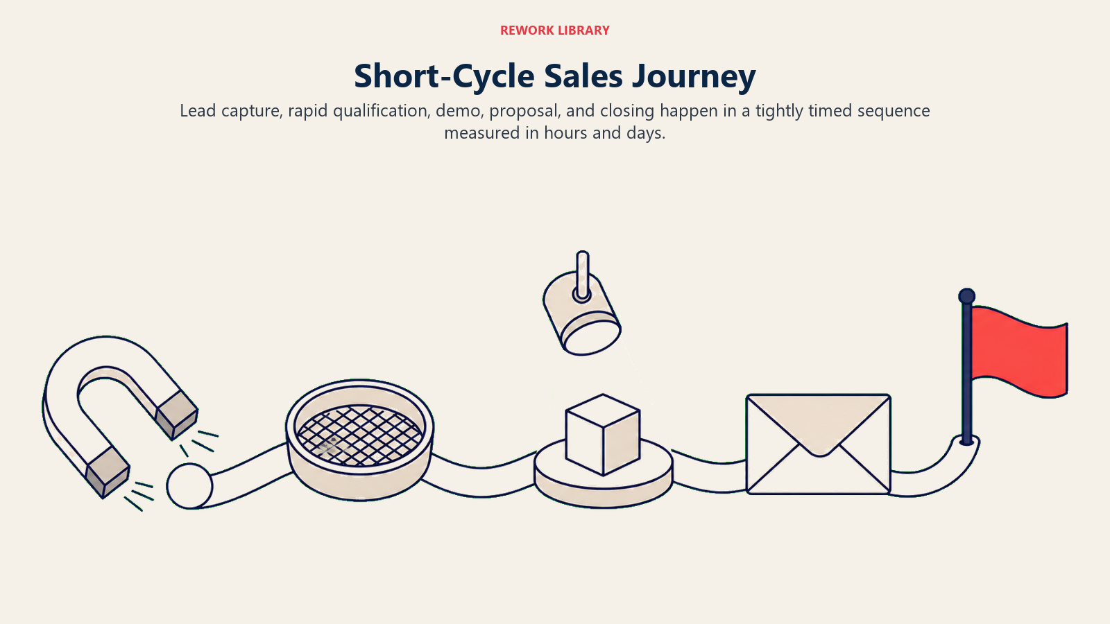 Short-cycle sales journey illustrated as a timed five-stage relay from lead capture to close