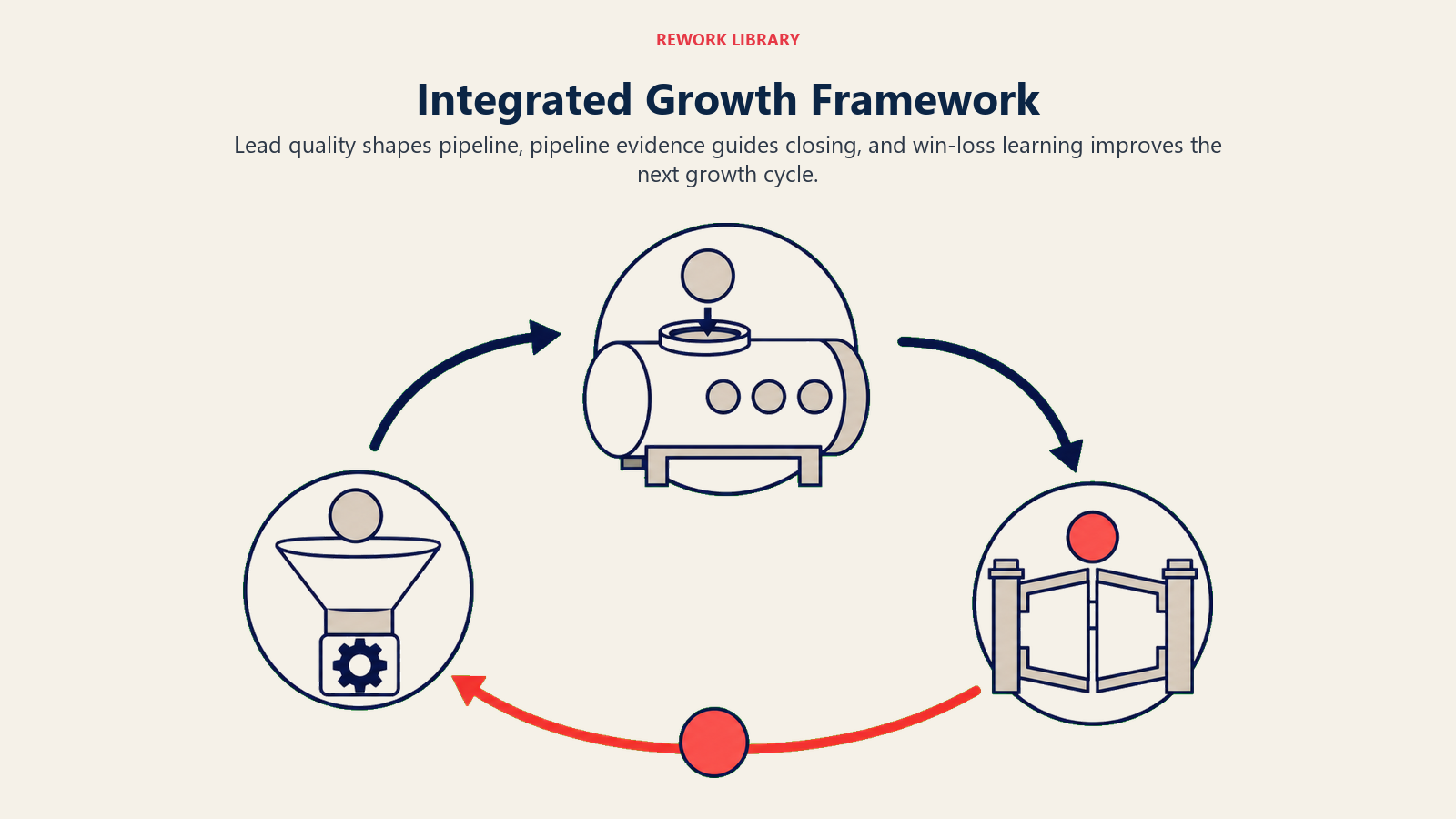 Integrated growth framework shown as a feedback loop connecting leads, pipeline, closing, and learning