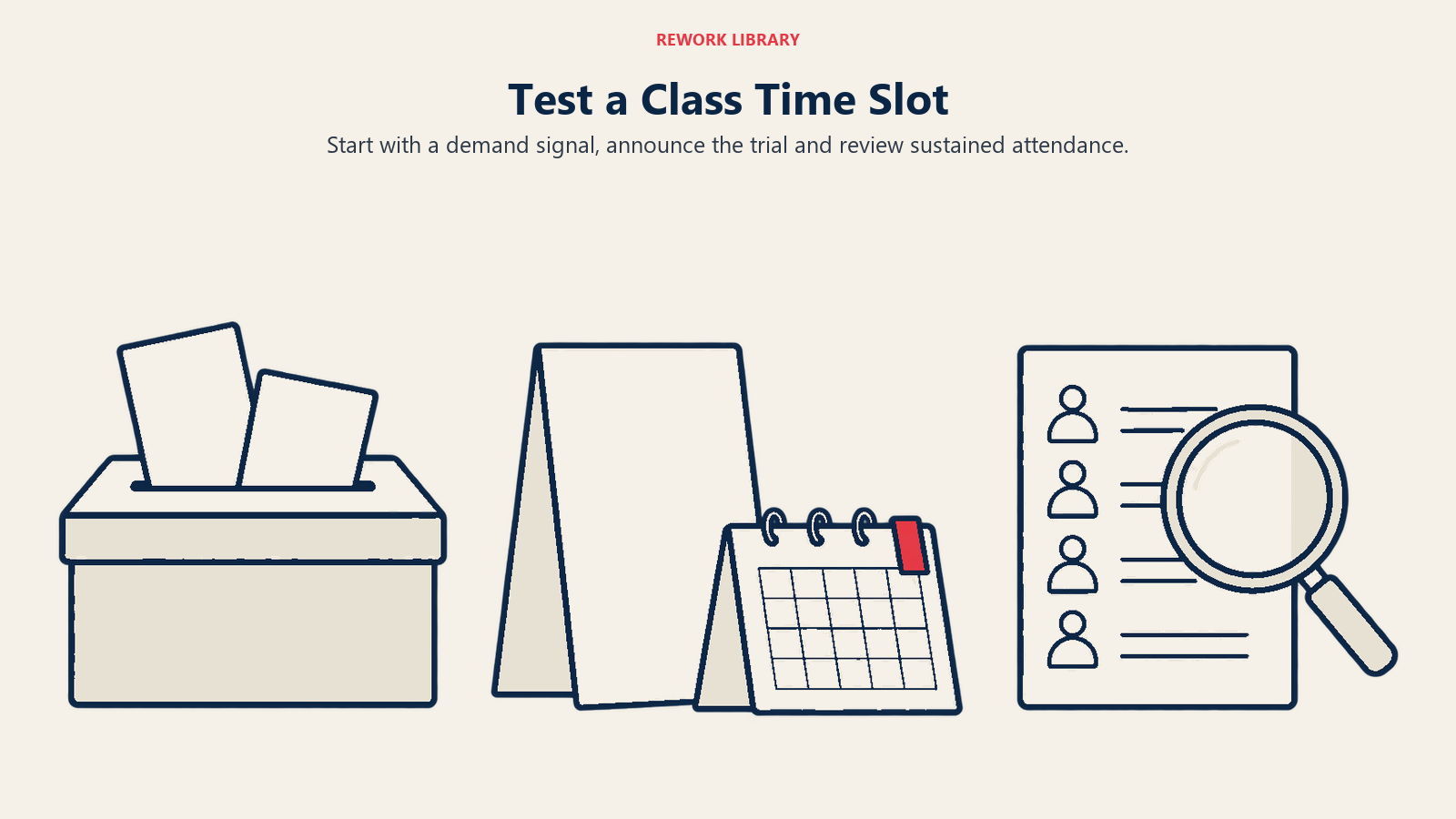 Test a Class Time Slot: Start with a demand signal, announce the trial and review sustained attendance.