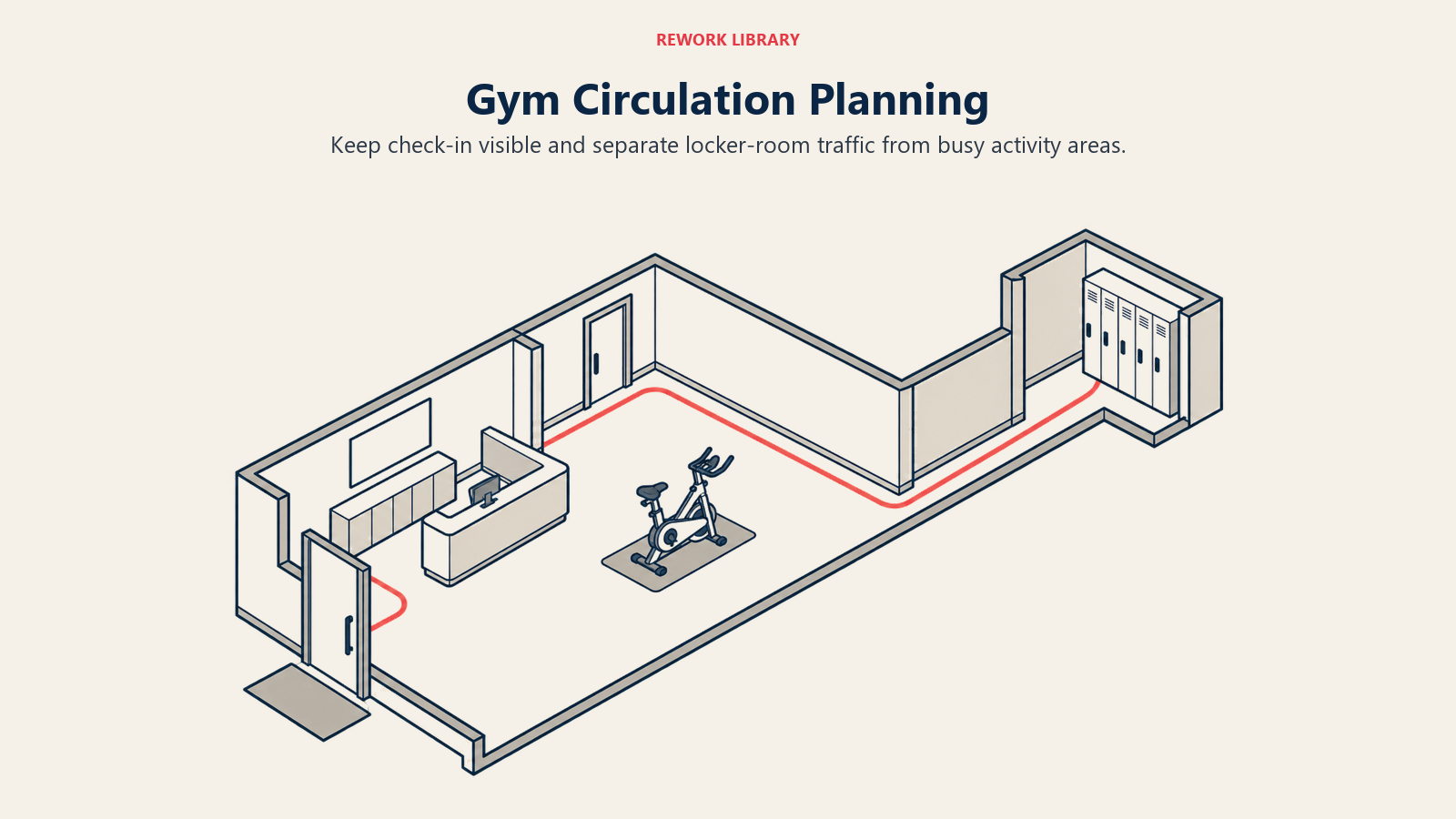 Gym Circulation Planning: Keep check-in visible and separate locker-room traffic from busy activity areas.