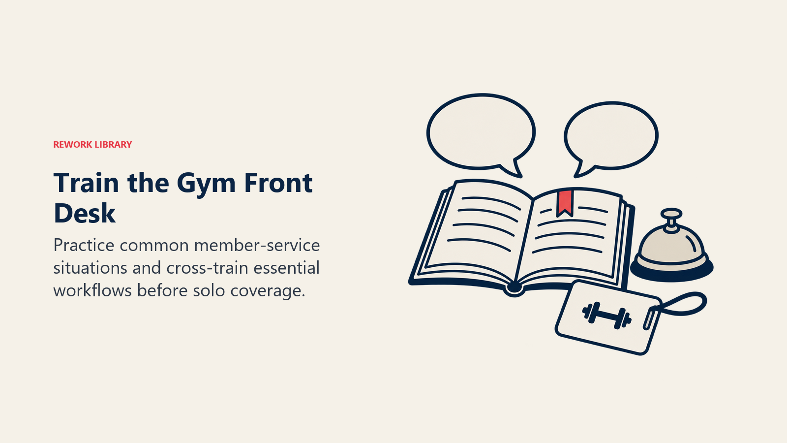 Train the Gym Front Desk: service handbook and reception bell with dialogue