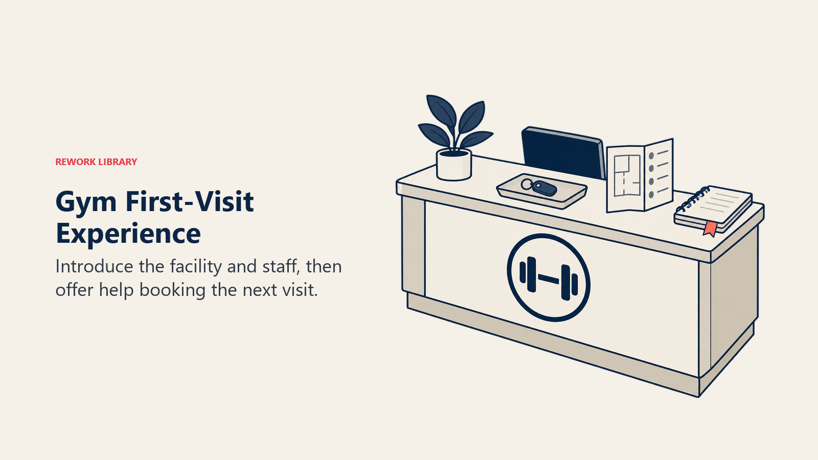 Gym reception desk with a member key fob, facility map and next-visit appointment book