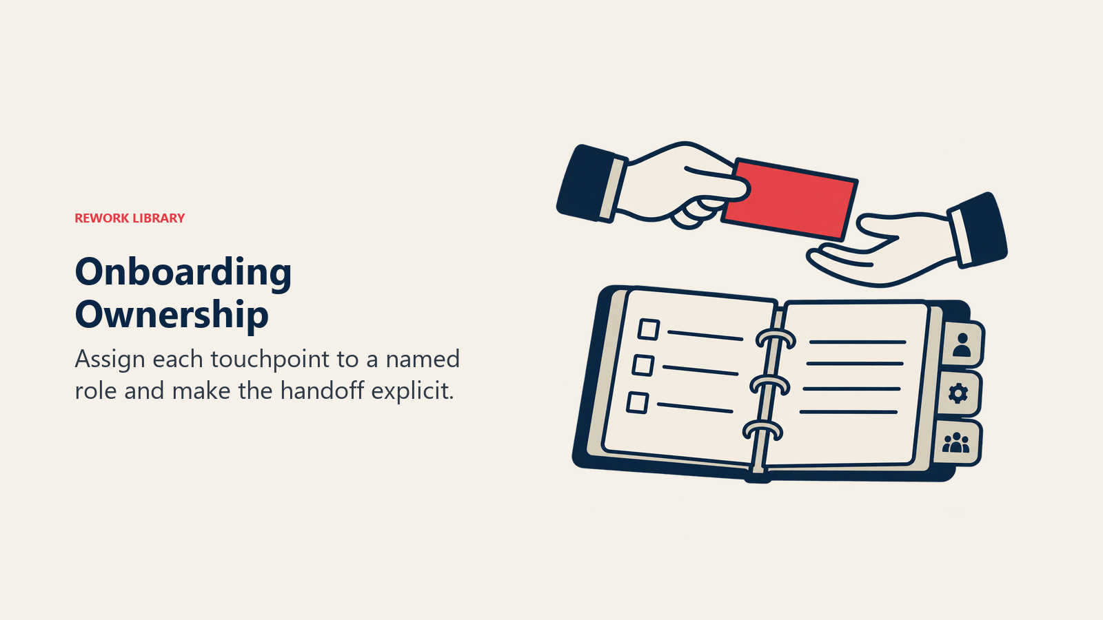 A staff handoff slip passes above an operations binder with role tabs