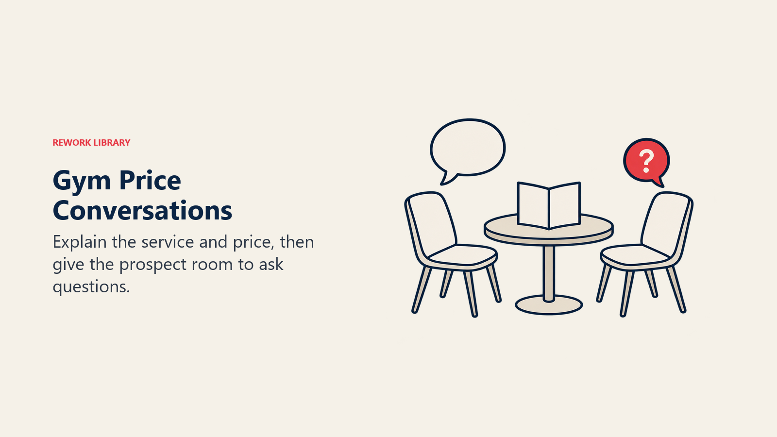 A service menu between two chairs and speech bubbles illustrates a gym price conversation