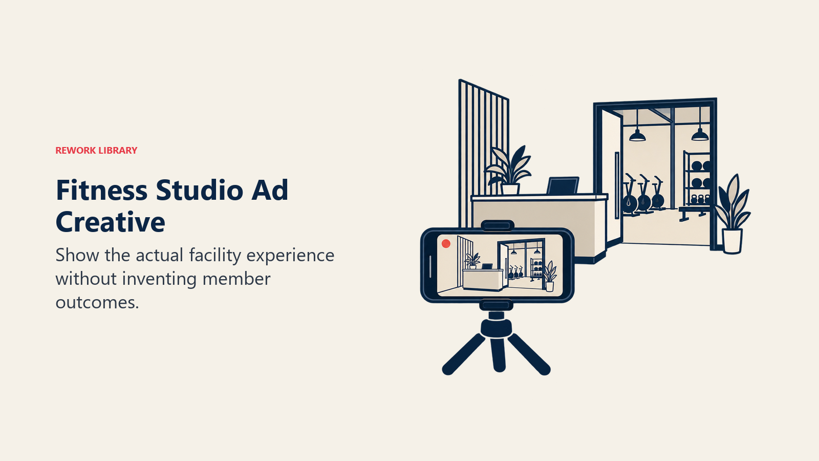 A smartphone on a tripod records a gym reception and class entrance as an illustrative ad-production scene