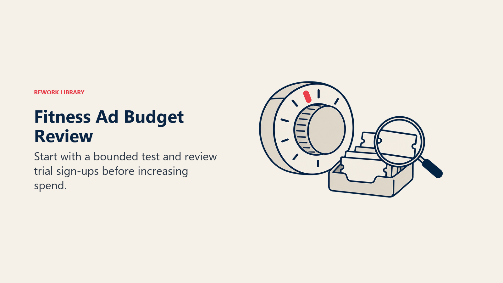 A budget dial and magnifying glass over trial tickets illustrate measured advertising spend