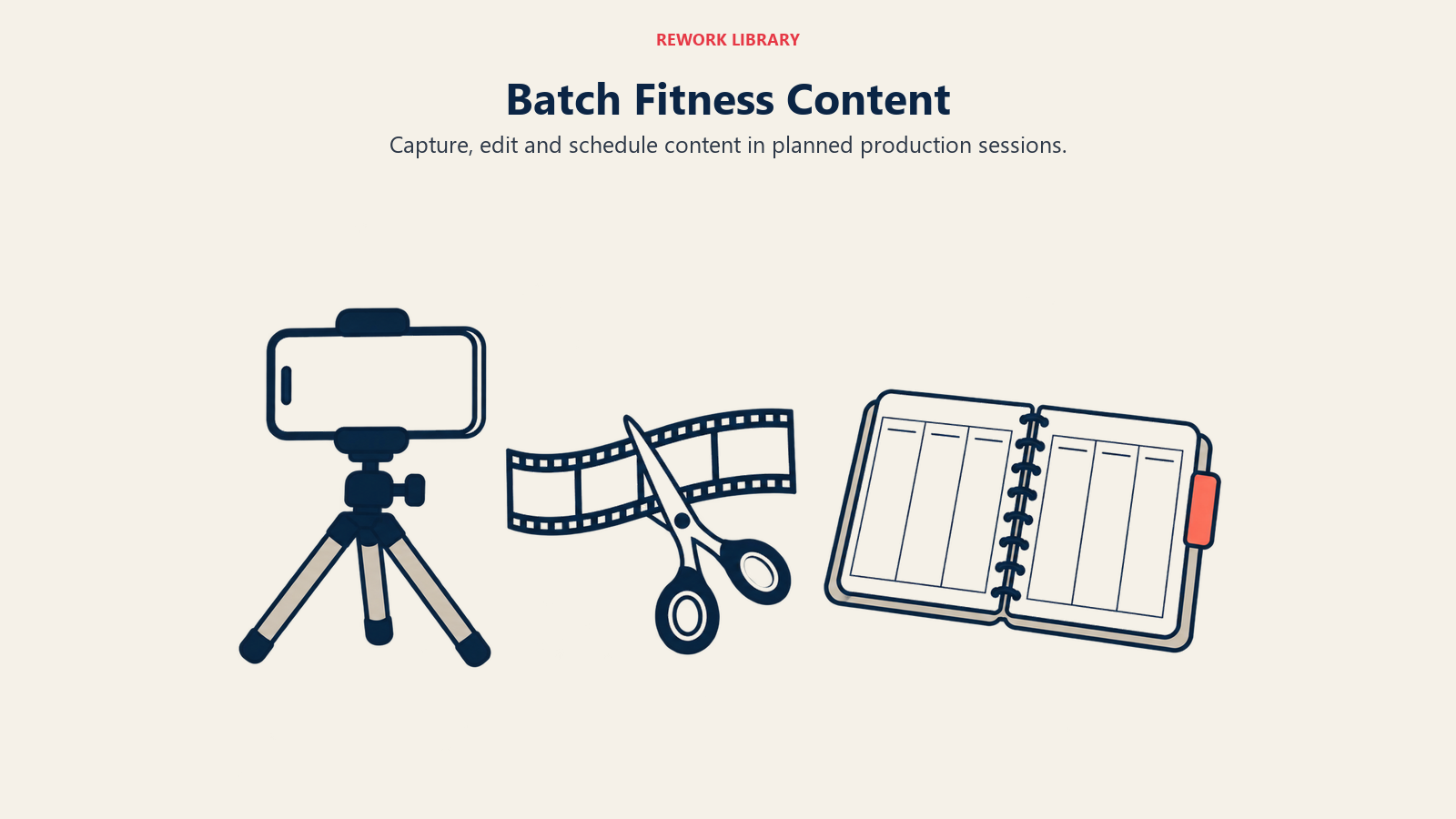 A smartphone, film-editing tools and a planner illustrate batched content capture, editing and scheduling