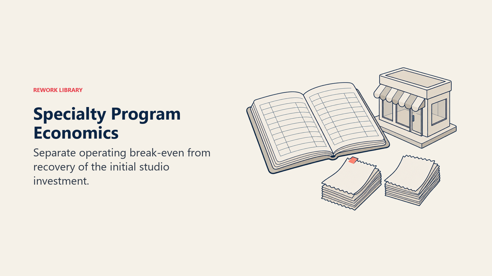 Accounting ledger and separate receipt stacks distinguish studio investment from operating costs