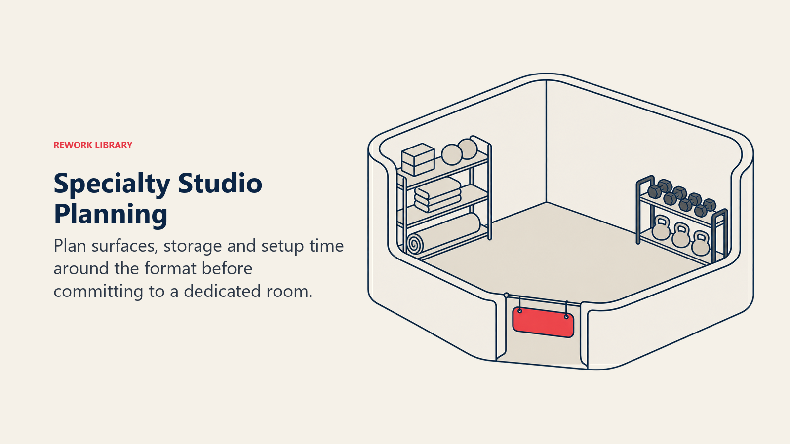 Empty specialty gym studio with separate prop storage, equipment rack and clear floor space