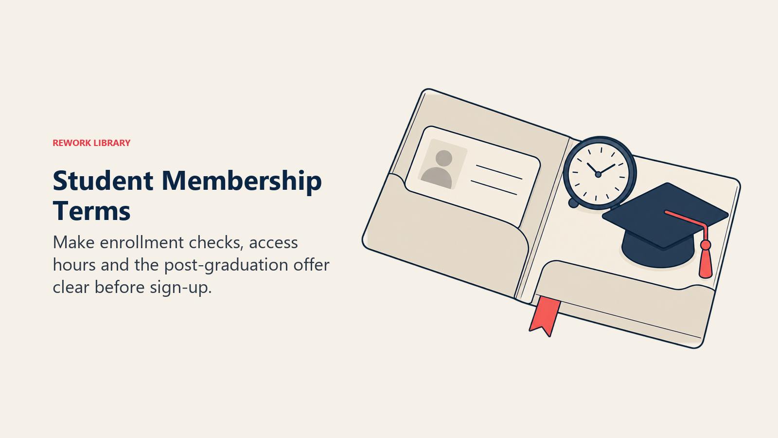 Student membership folder with identification card, clock and graduation cap