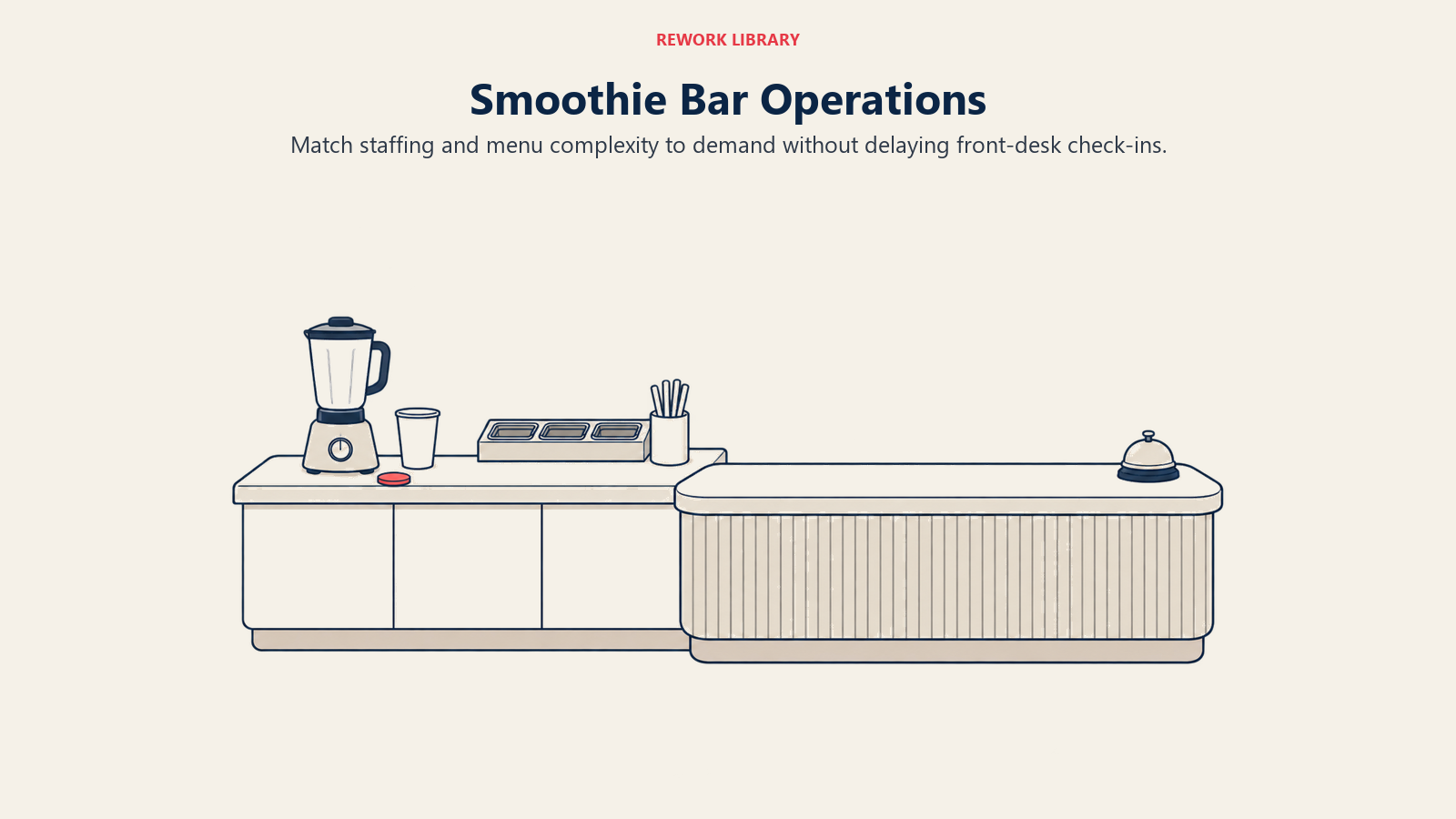 Smoothie preparation station separated from the gym reception counter and check-in bell