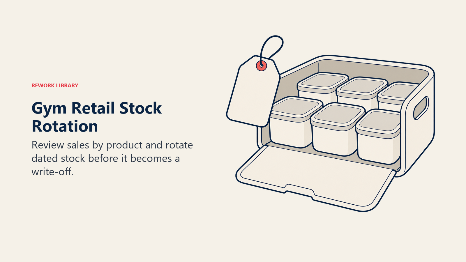 Dated inventory tag and front-access storage bin illustrate gym retail stock rotation