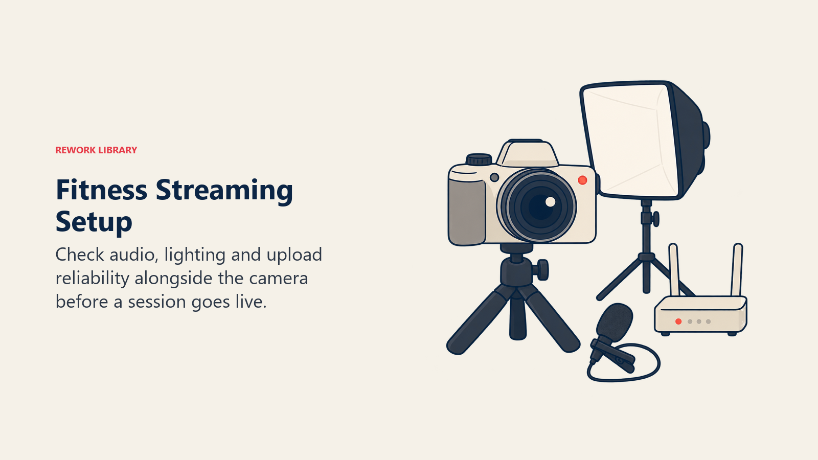 Camera, microphone, softbox and router arranged as a fitness streaming production kit