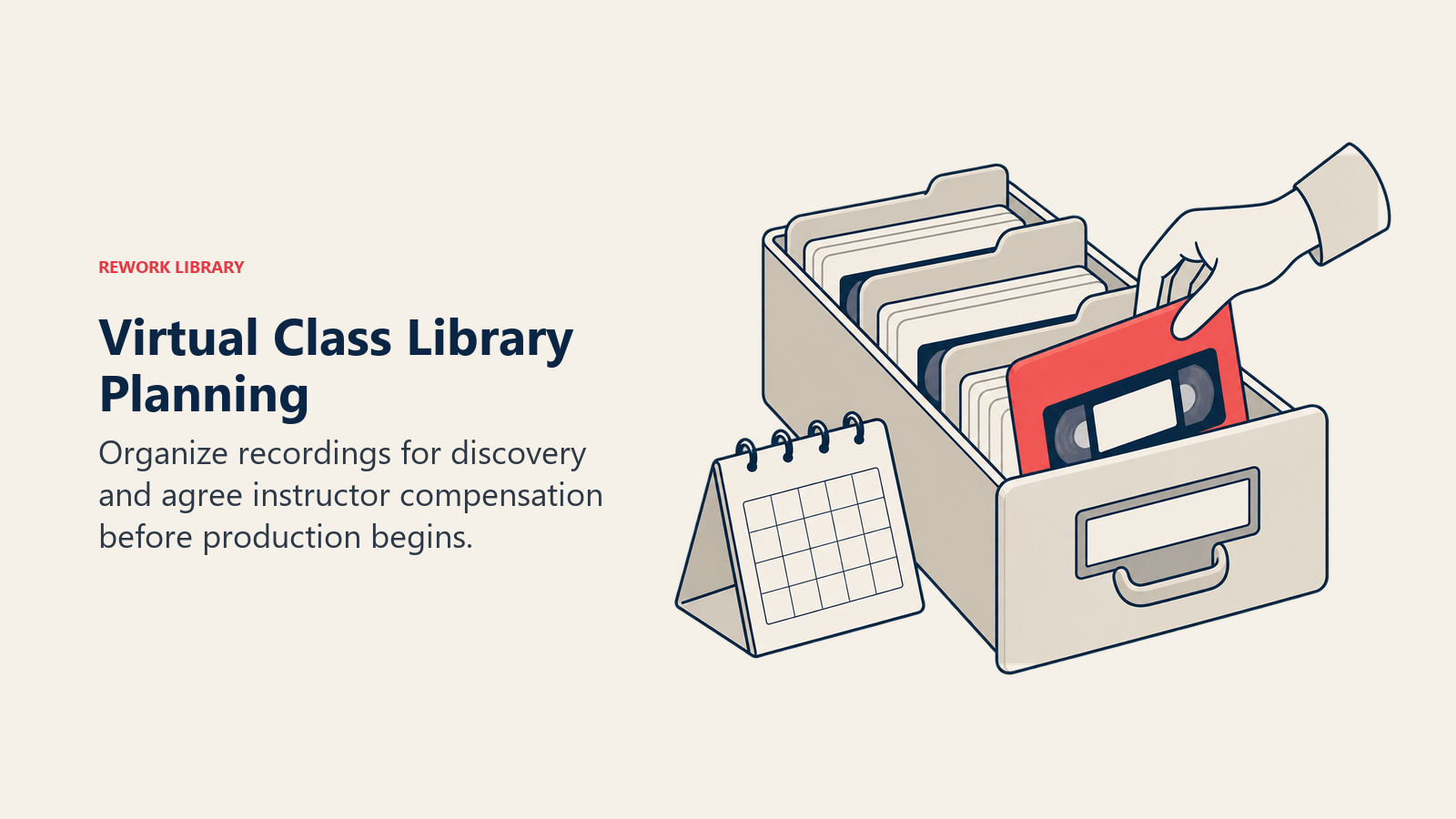 Video archive with dividers and production calendar illustrates virtual class library refresh planning