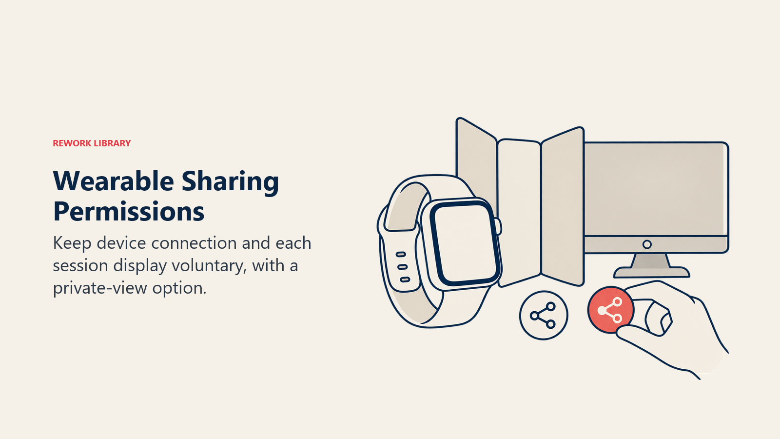 Blank smartwatch, privacy screen and voluntary sharing tokens illustrate member display permissions