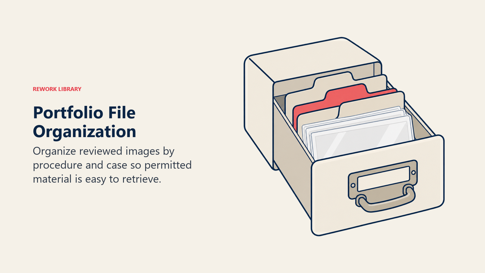 Portfolio File Organization illustrated by photo catalog drawer.