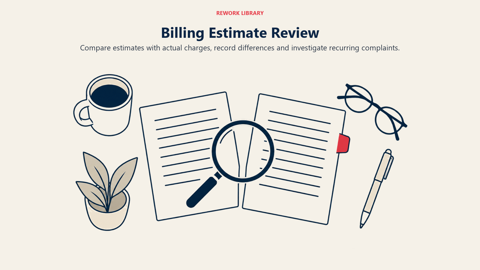 Billing Estimate Review illustrated by estimate variance review desk.