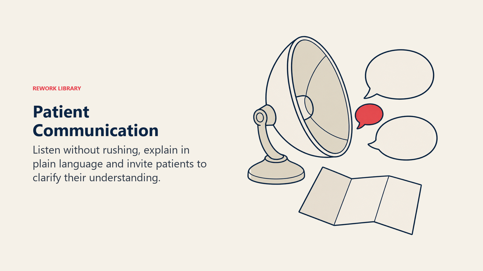 Listening bowl, speech bubbles and leaflet representing plain-language patient communication.