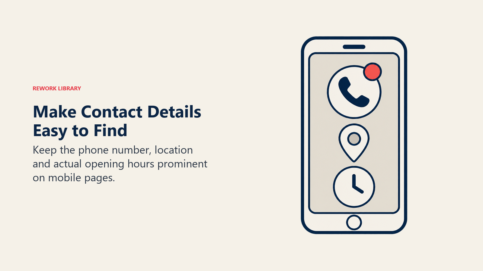 Make Contact Details Easy to Find illustrated with phone, location and hours symbols