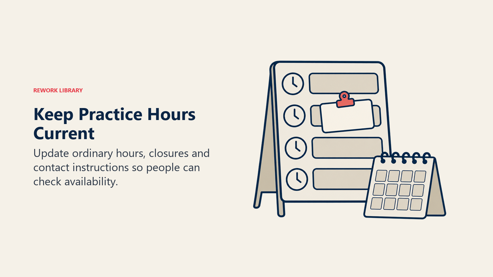 Keep Practice Hours Current illustrated with an hours board and closure calendar