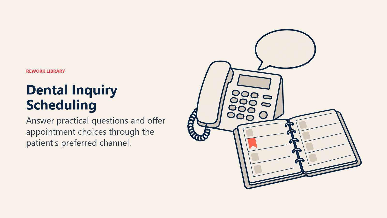 Dental Inquiry Scheduling illustrated with phone cradle and open appointment diary