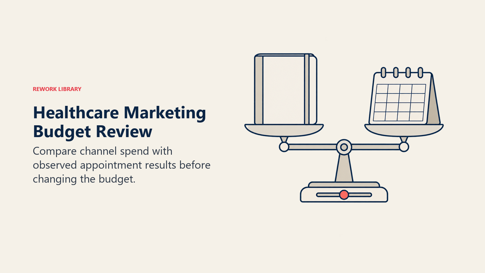 Healthcare Marketing Budget Review illustrated with scale with spending ledger and booking diary