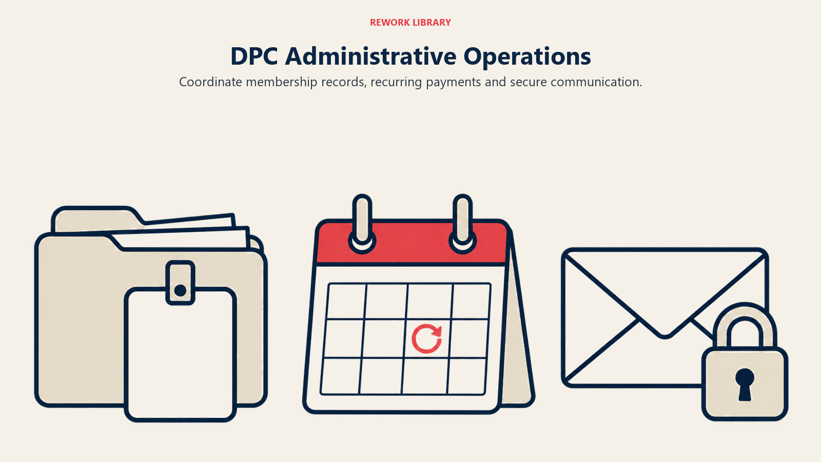DPC Administrative Operations illustrated with membership record folder, payment calendar and secure message