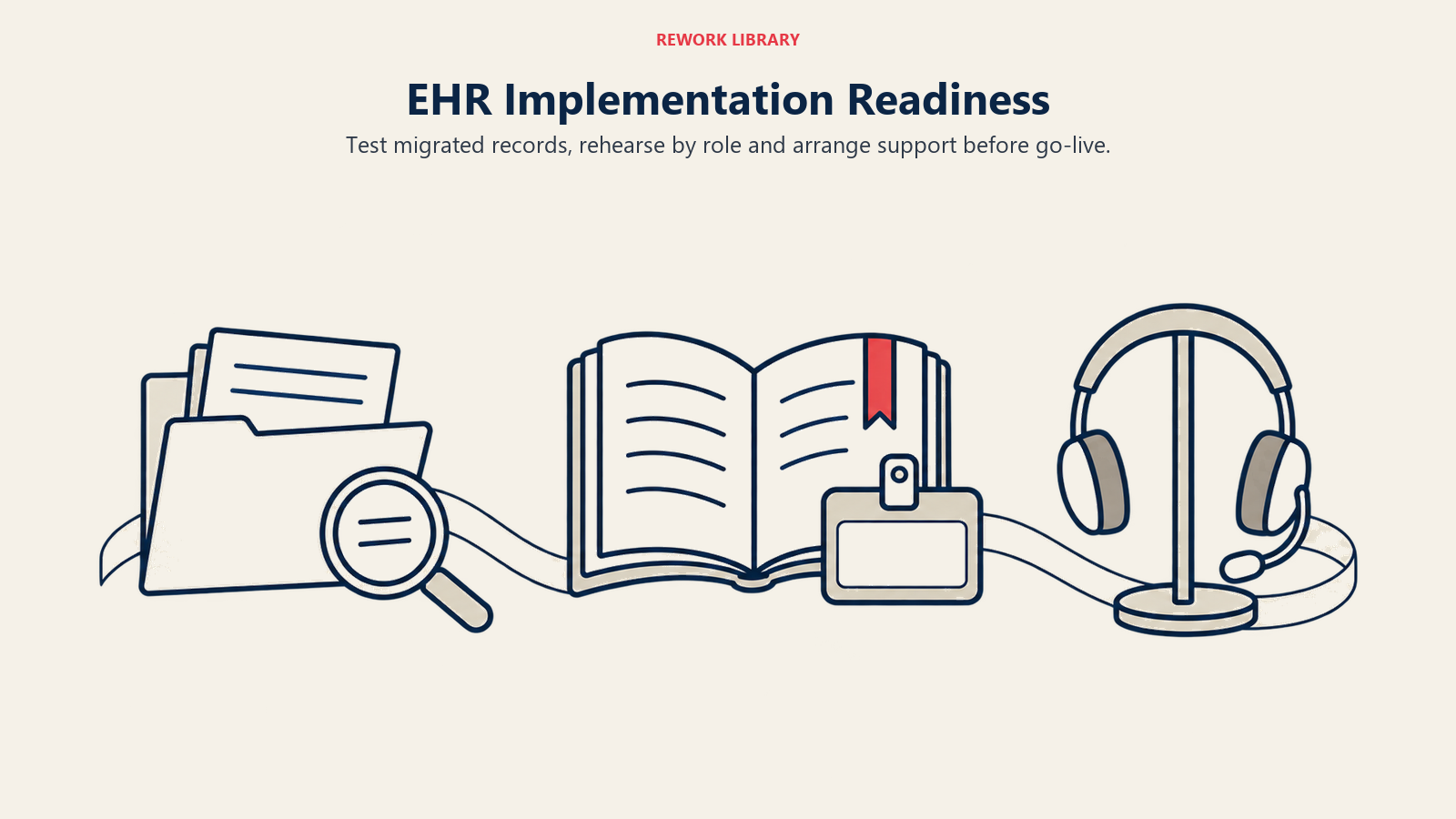 EHR Implementation Readiness illustrated with test folder, training workbook and support headset