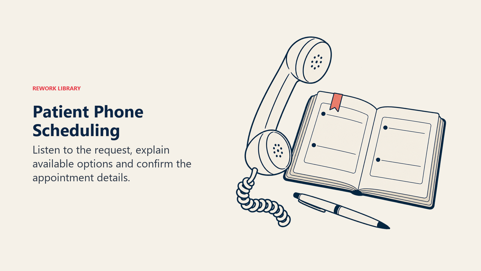 Patient Phone Scheduling illustrated by a receiver beside an open appointment book shows choice and confirmation instead of a sales funnel