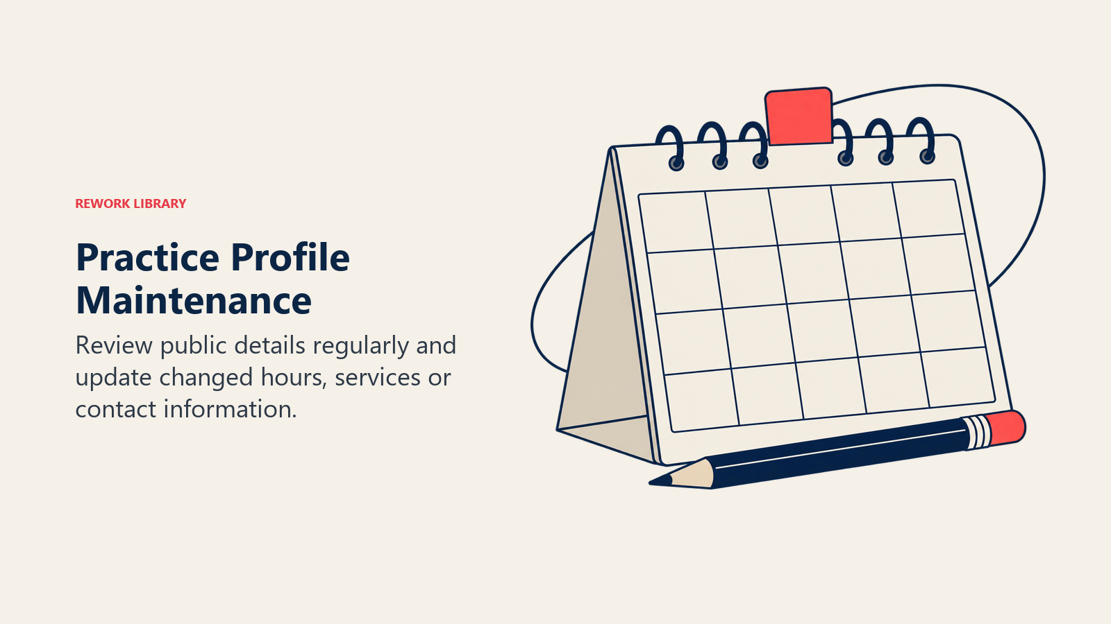 Practice Profile Maintenance illustrated by a calendar loop with a revision pencil represents recurring maintenance without an SEO performance claim
